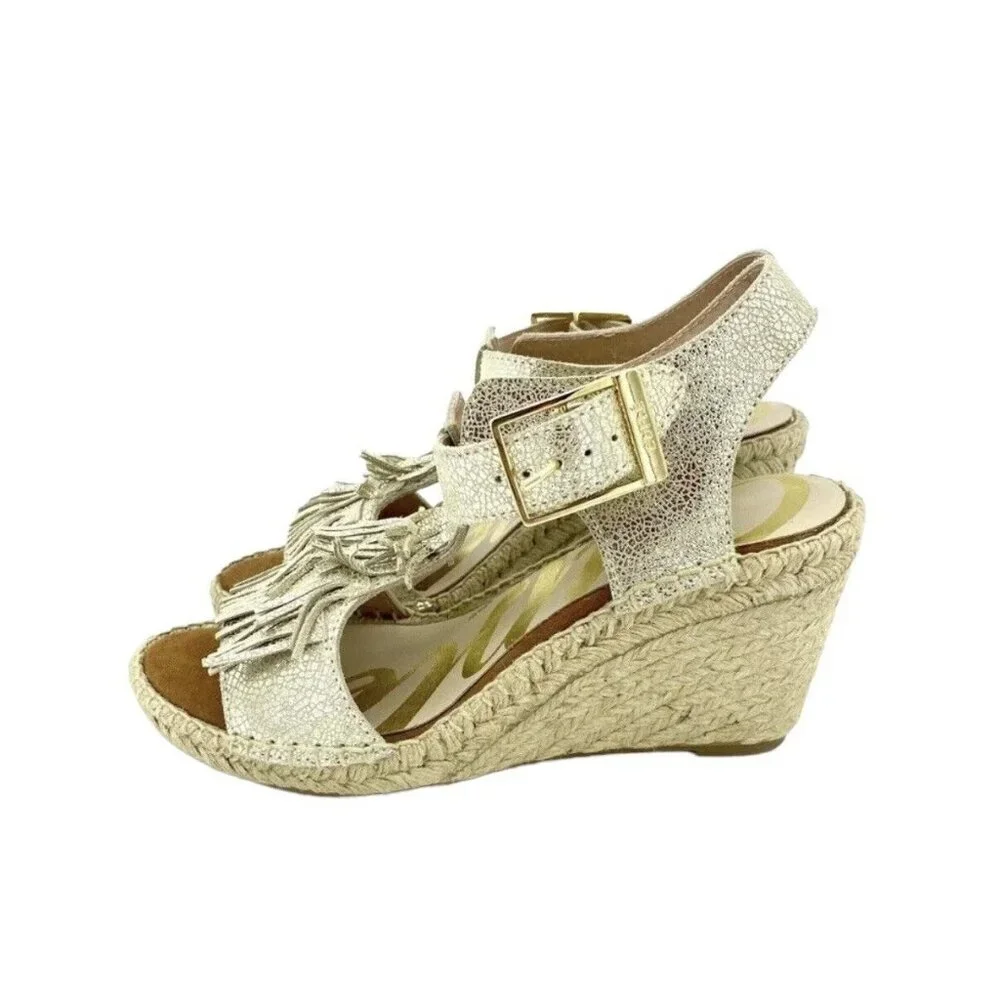 Cuple Gold Leather Espadrille Sandals Metallic Wedge Fringe SZ 37 EU 6.5 US NIB