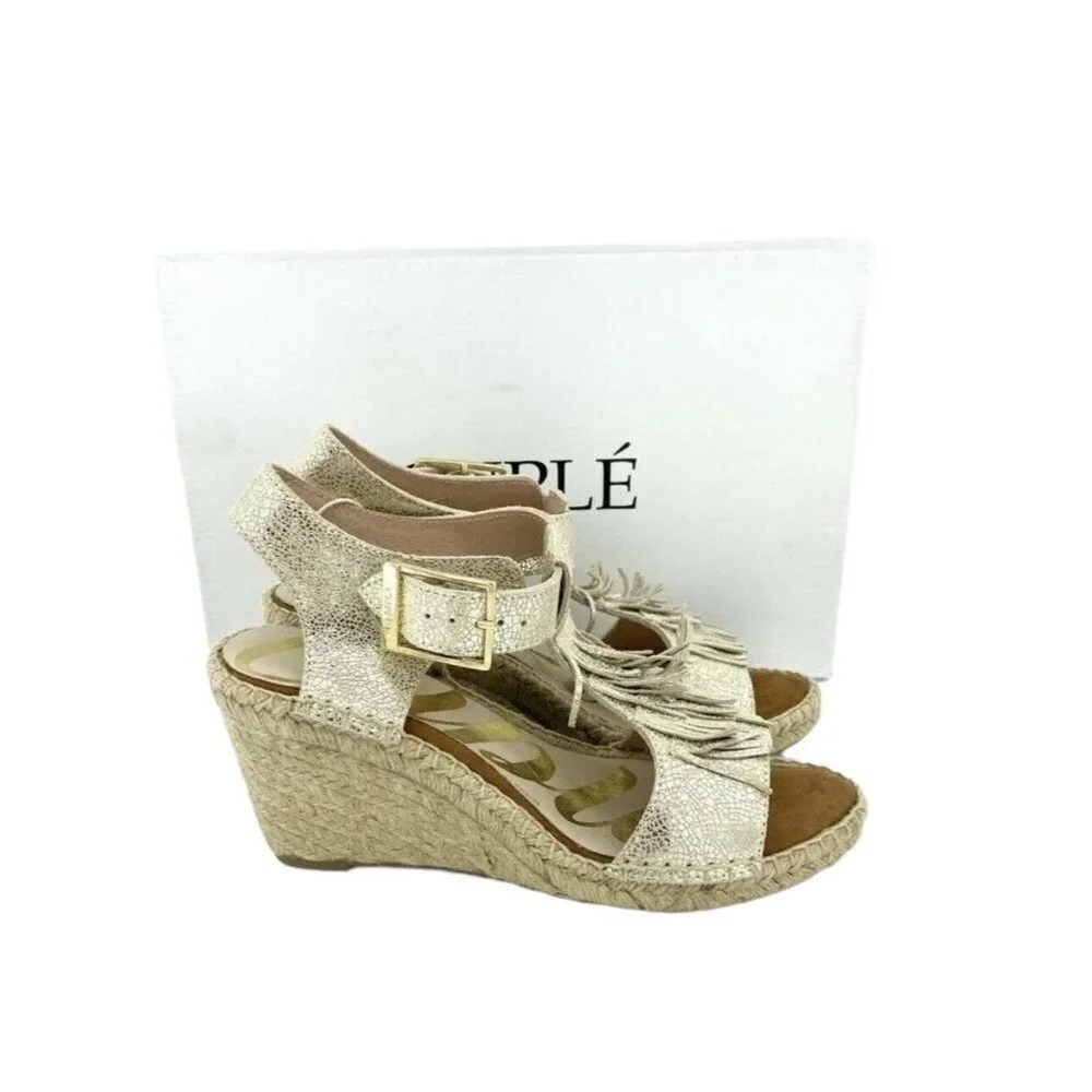 Cuple Gold Leather Espadrille Sandals Metallic Wedge Fringe SZ 37 EU 6.5 US NIB