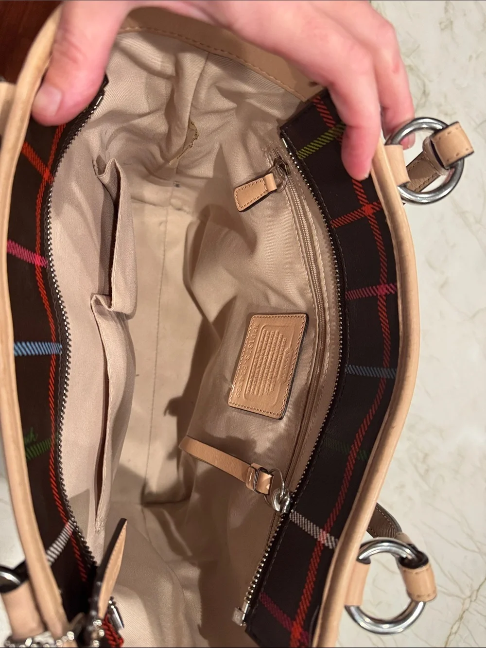 Coach Brown Plaid Tote with Multicolor Check and Tan Trim