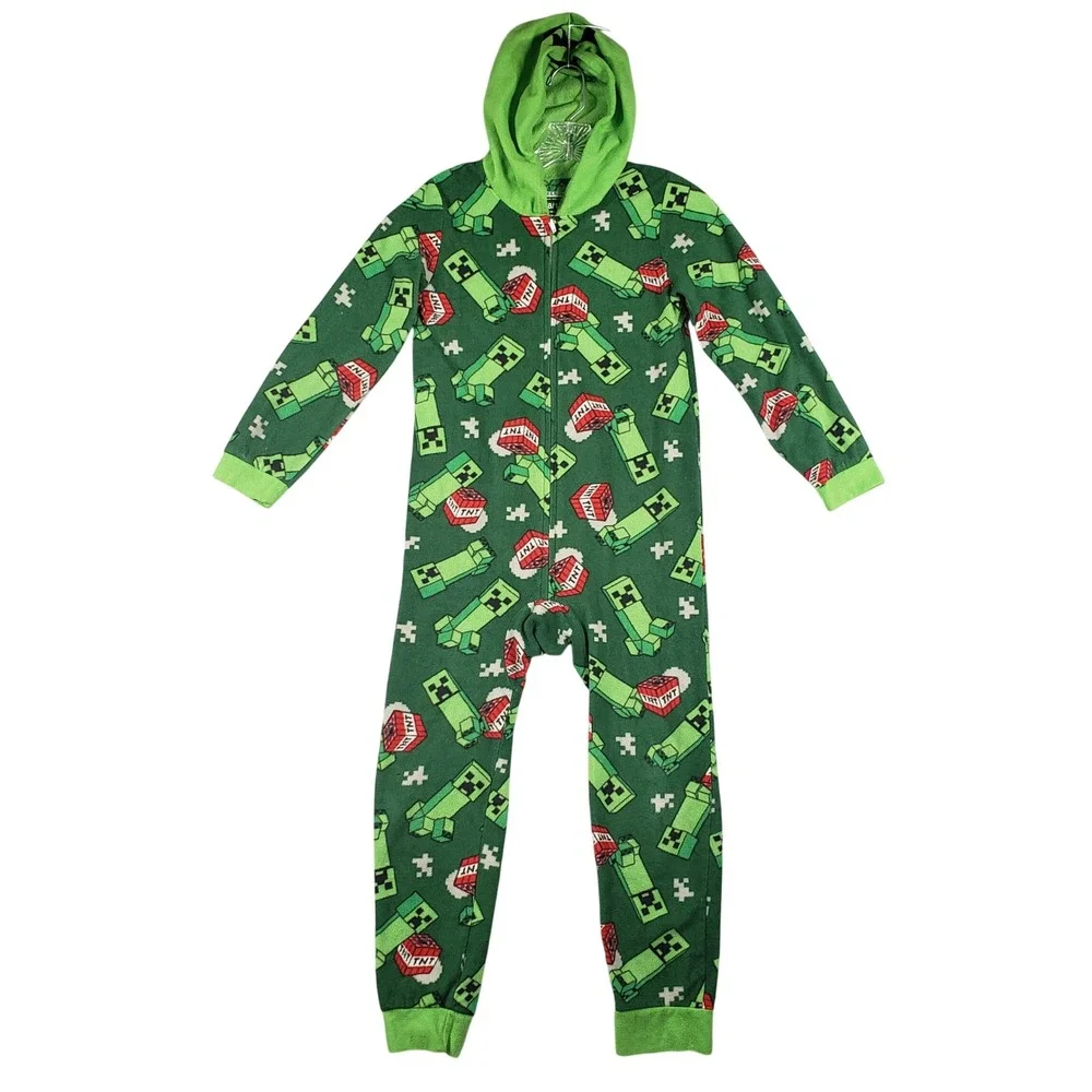 Minecraft Boys Pajamas Creeper TNT Hooded‎ One Piece Sleeper M 8/10 Green Fleece