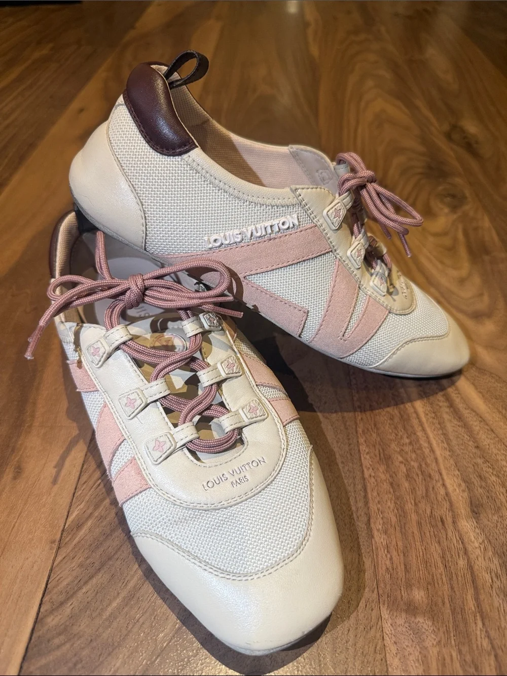 Louis Vuitton Cream and Pink Mesh Leather Sneakers