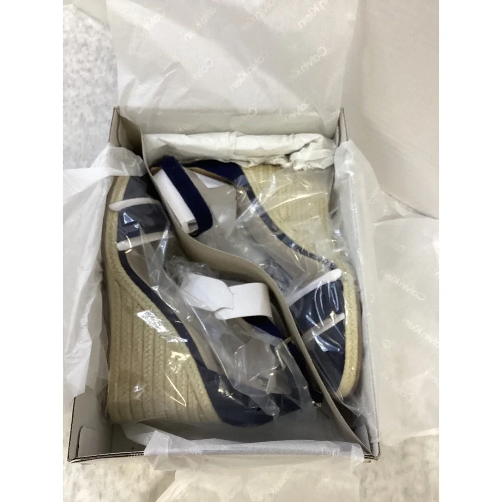 Calvin Klein Noshela Dark Blue White Espadrille Wedge Sandals‎ Womens 11 M NEW