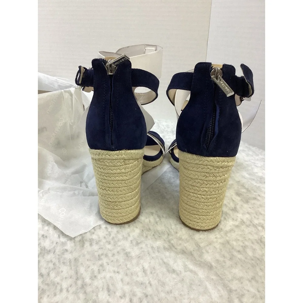 Calvin Klein Noshela Dark Blue White Espadrille Wedge Sandals‎ Womens 11 M NEW