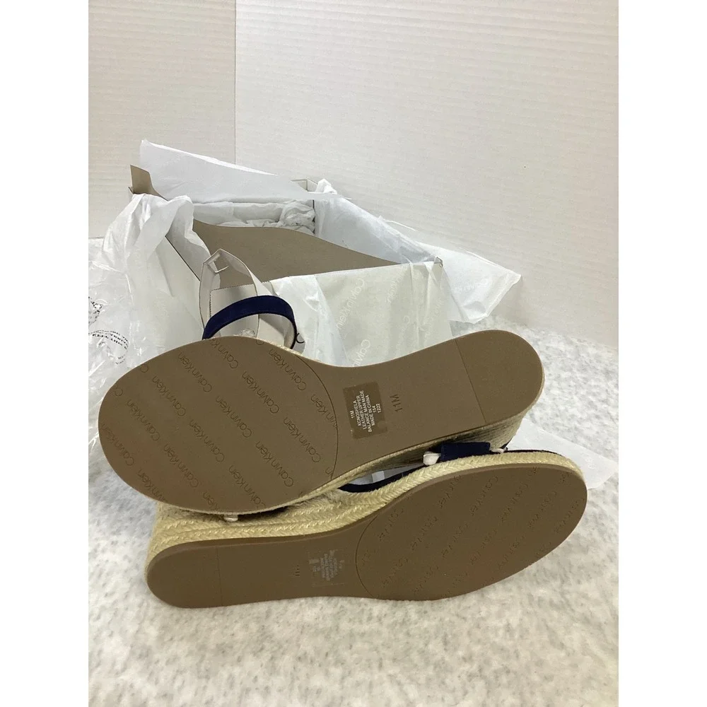 Calvin Klein Noshela Dark Blue White Espadrille Wedge Sandals‎ Womens 11 M NEW