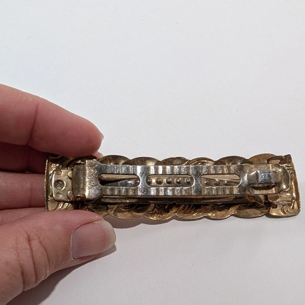 Vintage Philips Gold Tone Embossed Leaf Scroll French Clip Hair Barrette 3.25in