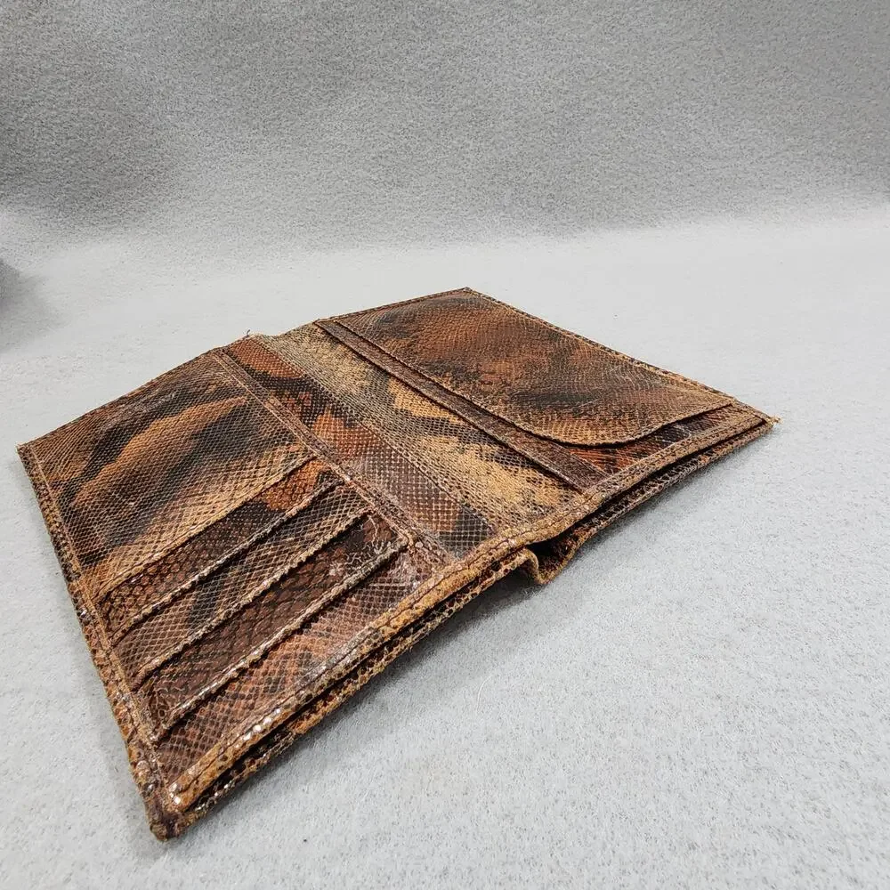 Bi-Fold Checkbook Wallet Snakeskin Designed Mens Brown Leather ACCESS DENIED