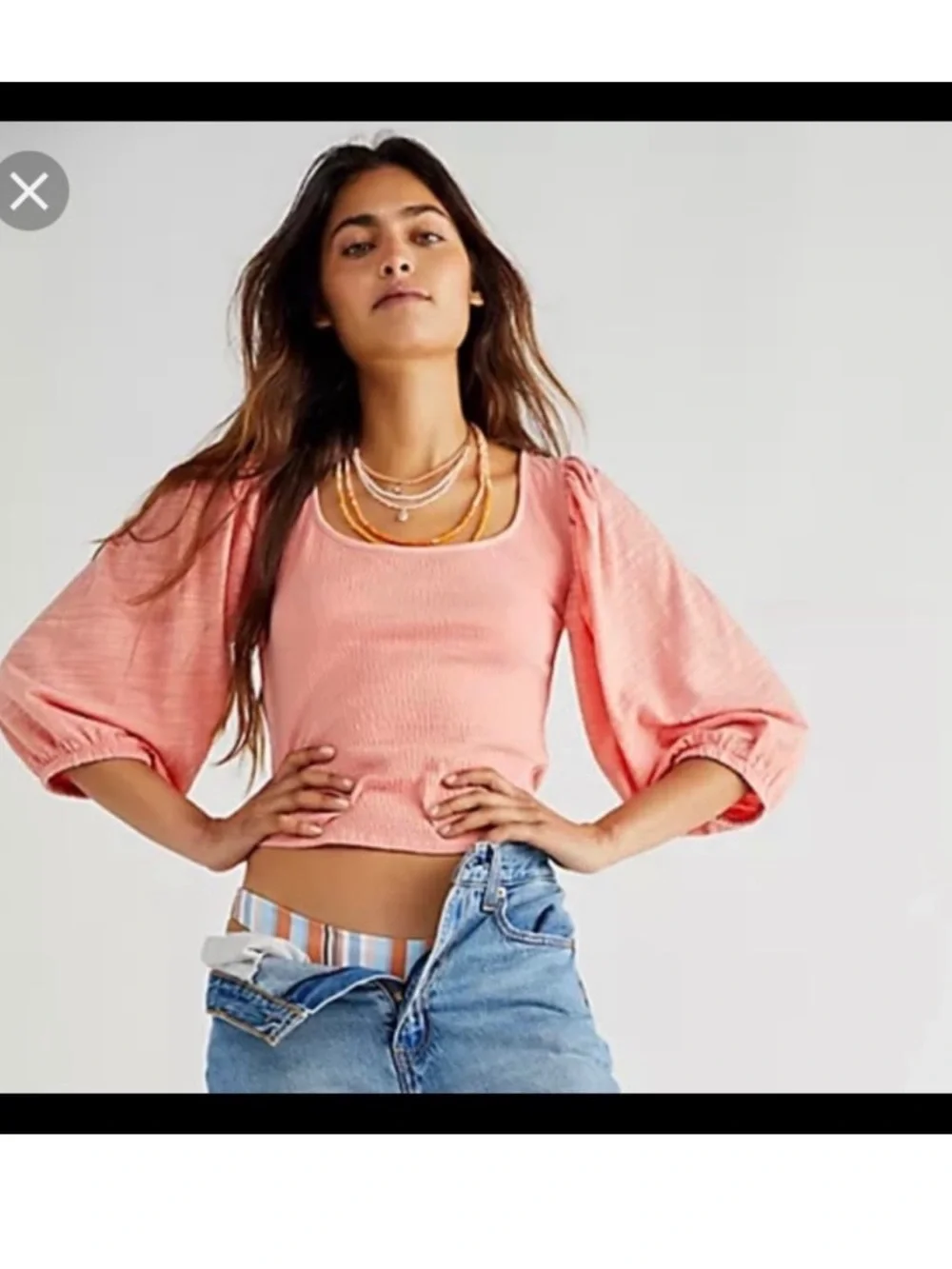 Free People day Lily puff sleeve coral peach  smocked bodice blouse