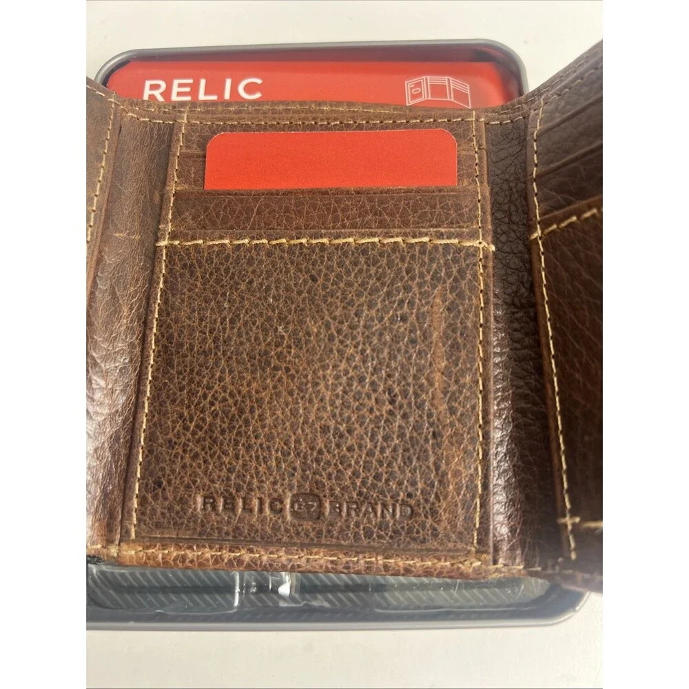 Relic Brown Leather Trifold Wallet W/Stitching RML5820200 Metal Case New