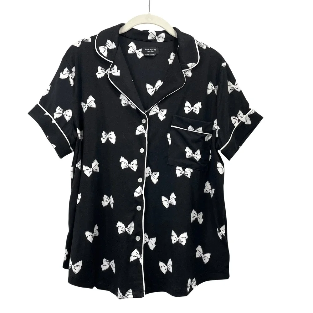 Kate Spade New York bow tie short‎ sleeve pajama top Size M black white cute