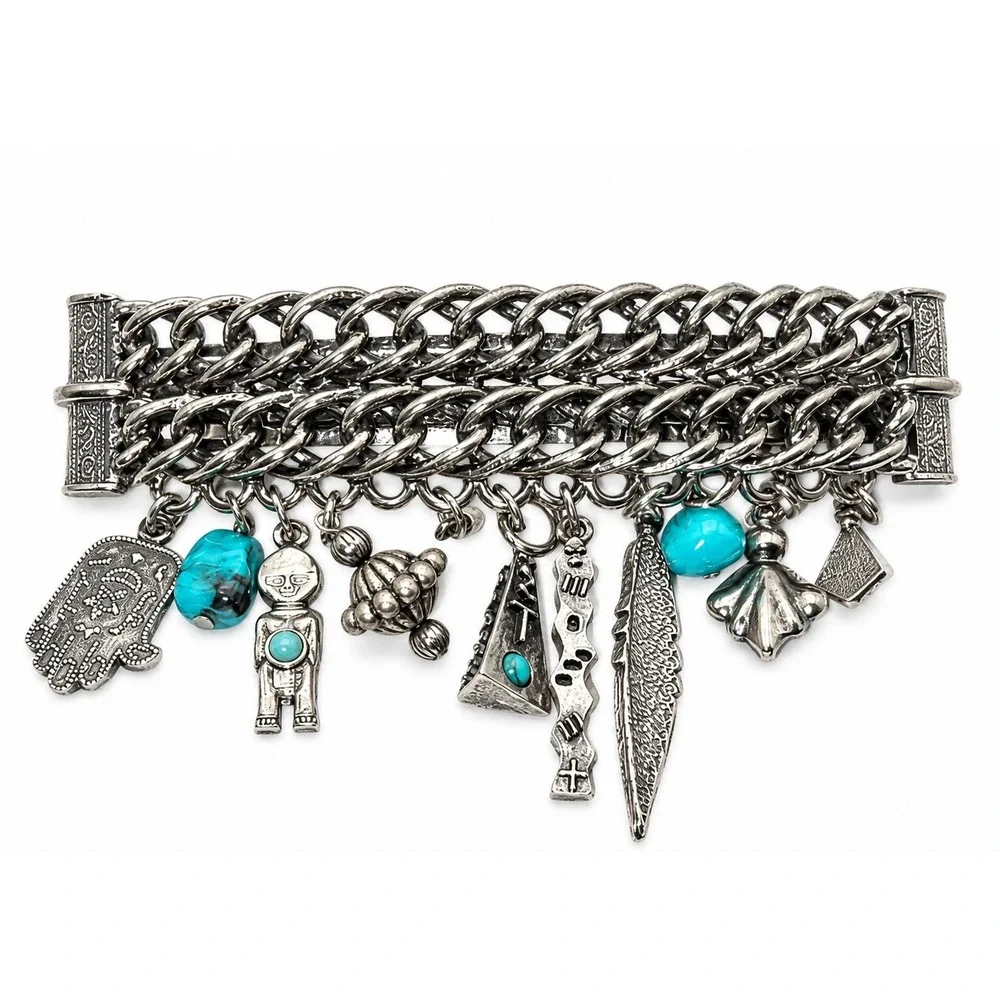 Vintage Hair Clip Barrette Silver Tone With Dangle Charms‎ And Teal Stones -534