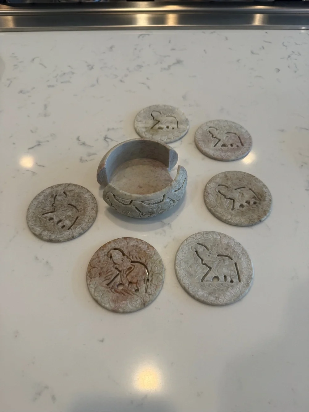 Hand-Carved 6 Soapstone Elephant Coasters hand carved