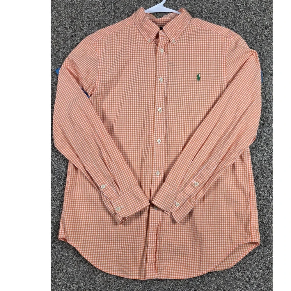 Polo Ralph Lauren Button Down Shirt Mens L Orange Gingham Cotton Pony 0414‎