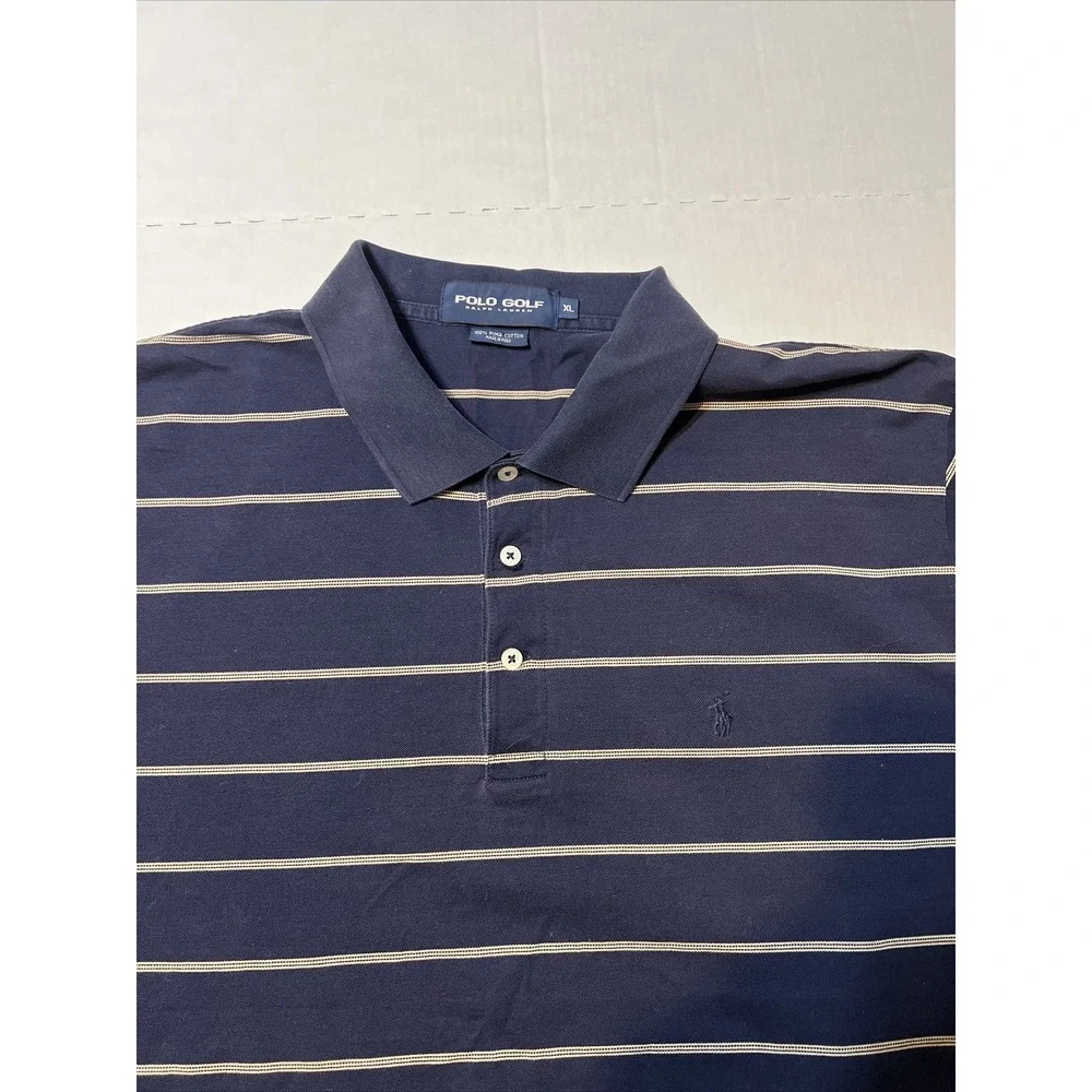 Vintage Ralph Lauren Polo Golf Shirt 100% Pima Cotton Men's XL Navy Blue Striped