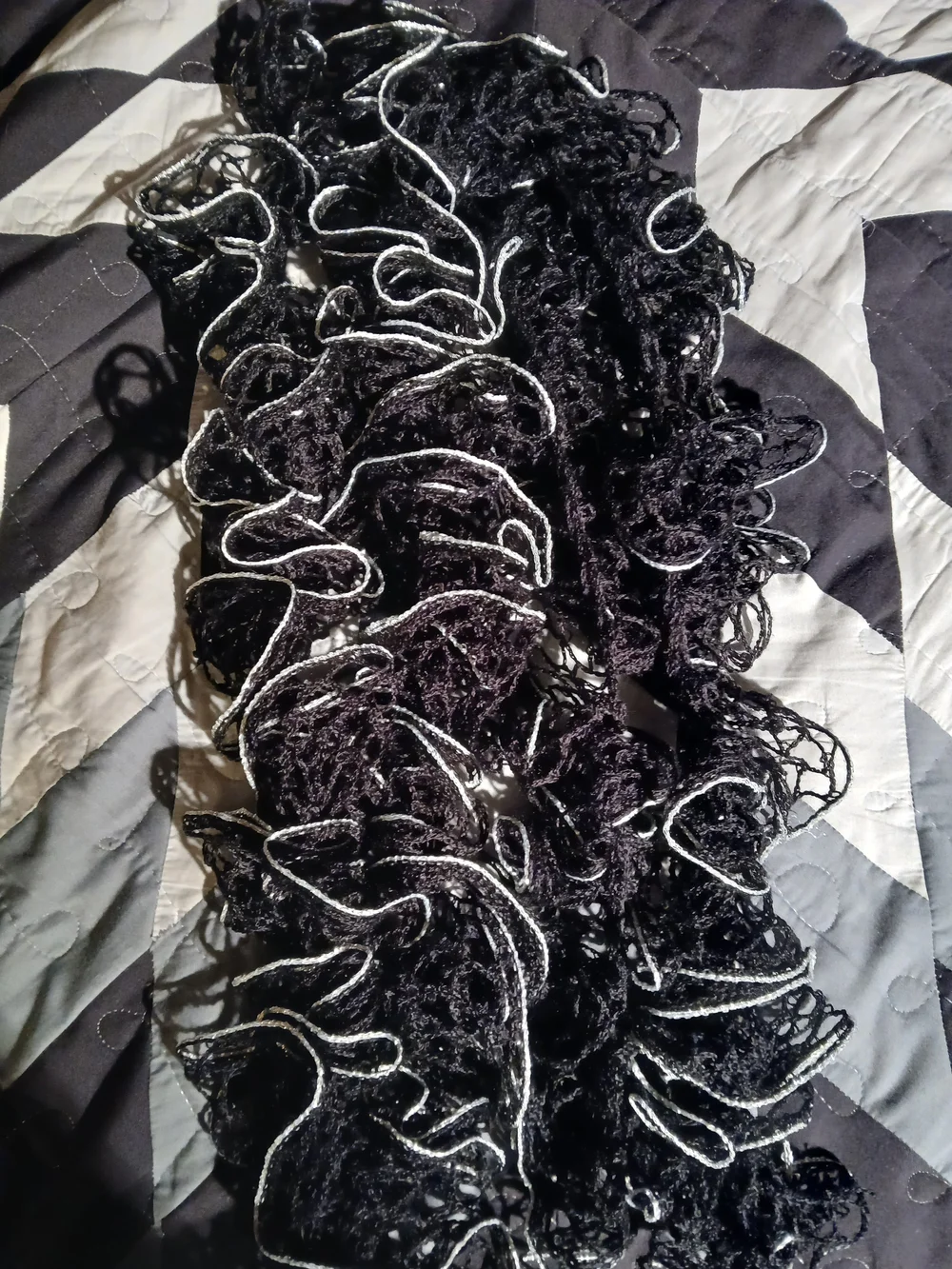 Black Ruffle Knit Scarf with Silver Trim