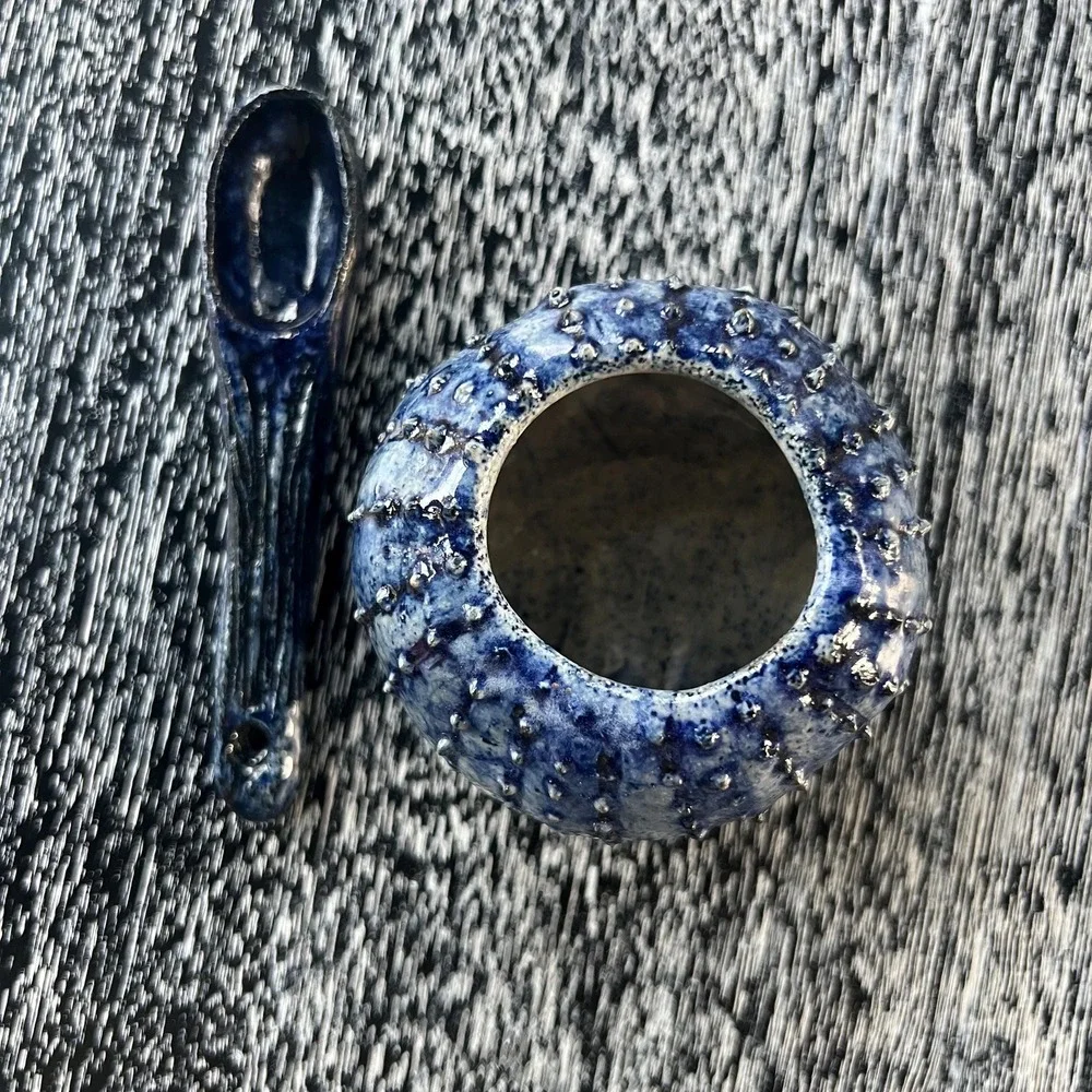 Handmade‎ Sea Urchin pottery sugar bowl and spoon