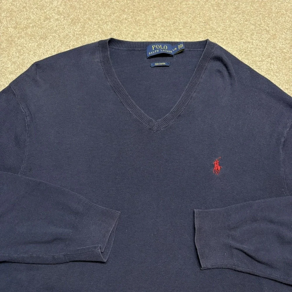 Polo Ralph Lauren Sweater Mens Large Navy Blue Pima Cotton V Neck Pony Logo