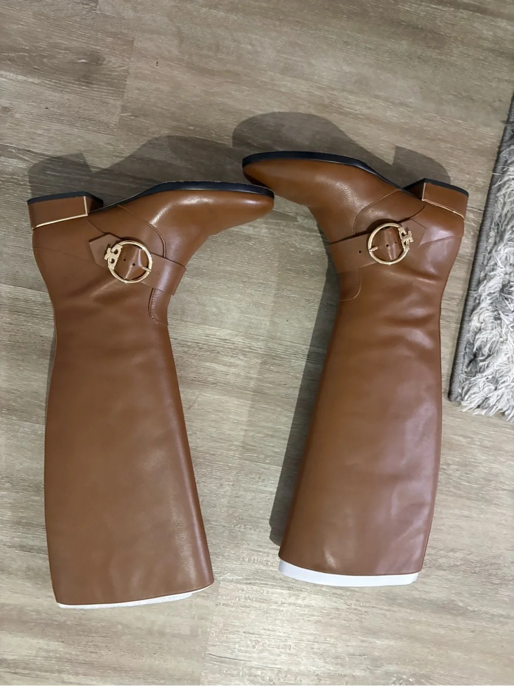 Tory Burch Brown Tall Leather Riding Boots with Gold Buckle