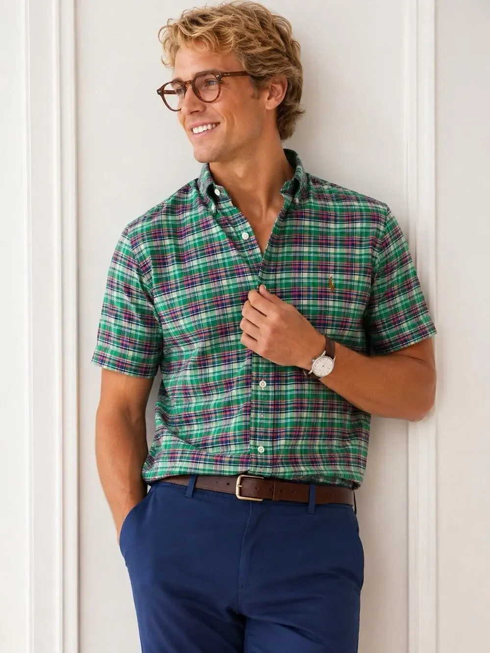 Polo Ralph Lauren Oxford Shirt Men's Blake Check Short Sleeve Button Down Size L