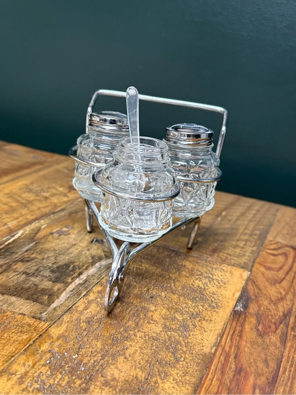 Vintage 1950’s Wheel Barrow Salt, Pepper, and Sugar/Condiment Set with Spoon