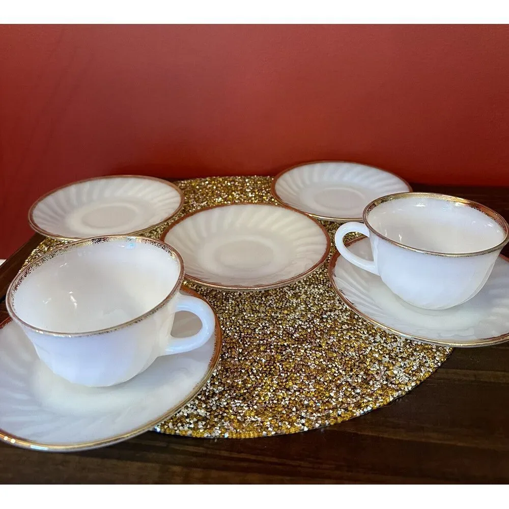 Vintage Fire King Oven Ware White Swirl Milk Glass‎ Gold Rim 2 Cup & 5 Saucers