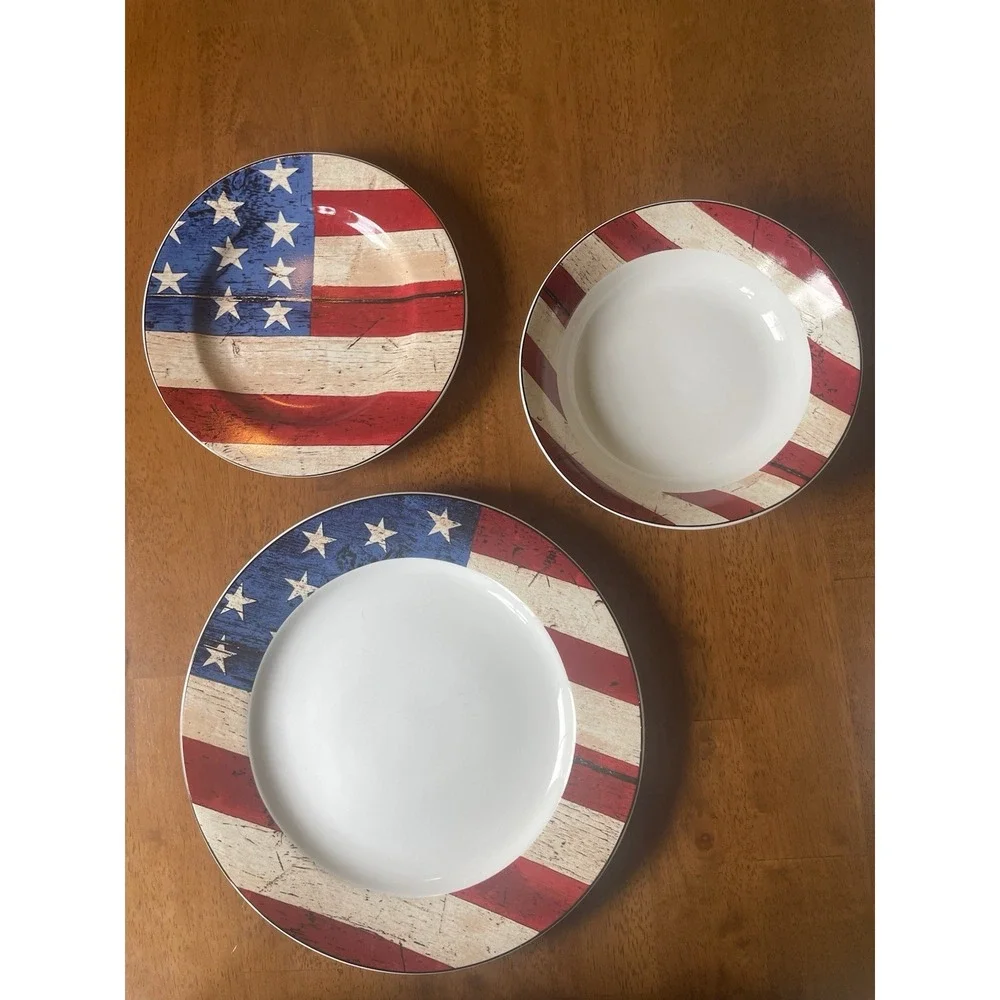 Vintage Warren Kimble Colonial Set Dinner & Salad Plates‎ & Bowl American Flag 2