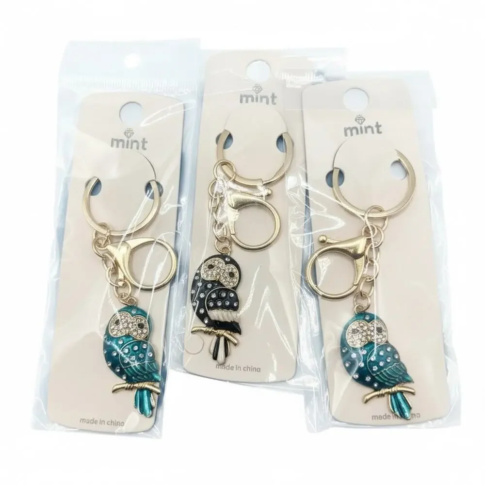 3 Owl Keychains in Teal &  Black with‎ Gold trim