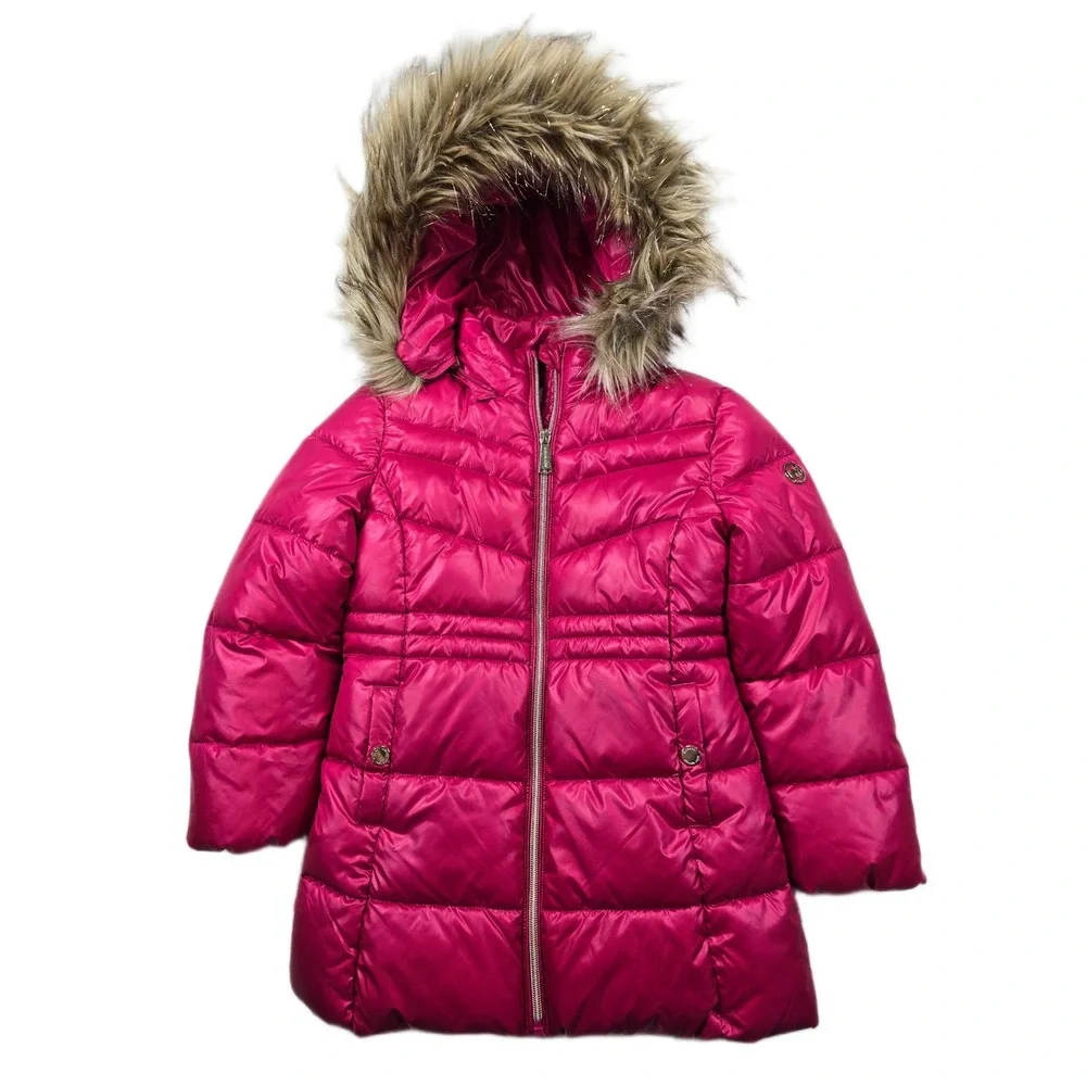 Michael‎ Kors Puffer Jacket Girls 5/6 Pink Faux Fur Removable Hood Coat