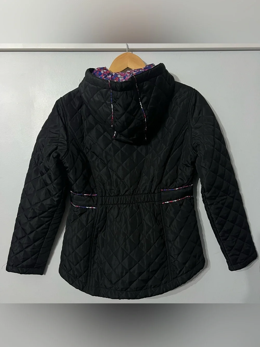 Weatherproof Girl’s L 14/16 Black Quilted Hooded Jacket Floral Lined Pockets
