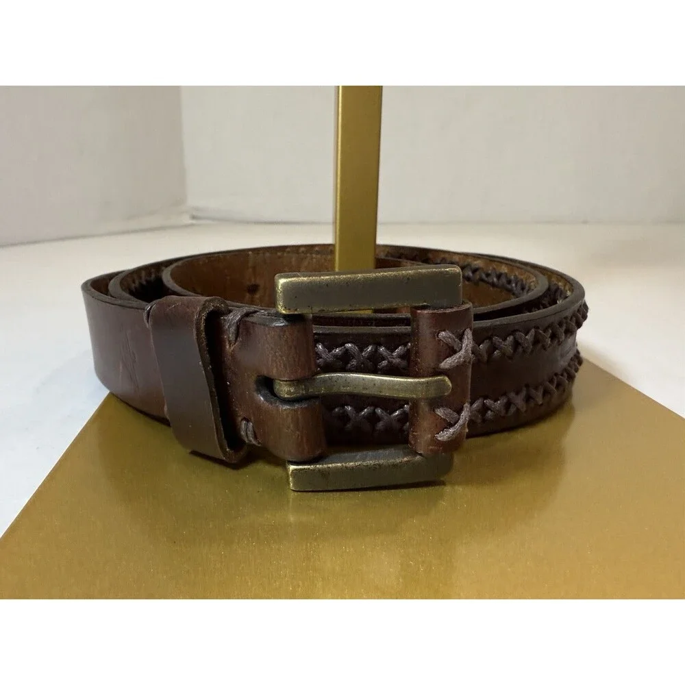 Vtg 1990’s Dockers Genuine Leather Belt Unisex Brown Braided Brass Buckle Size L