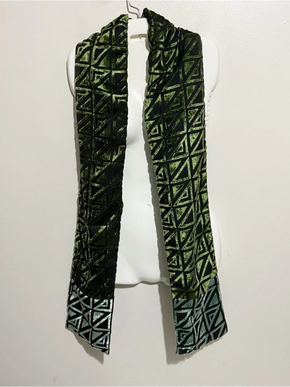 Dupatta Scarf Green Black Silk Velvet Burnout Geometric Boho Artsy
