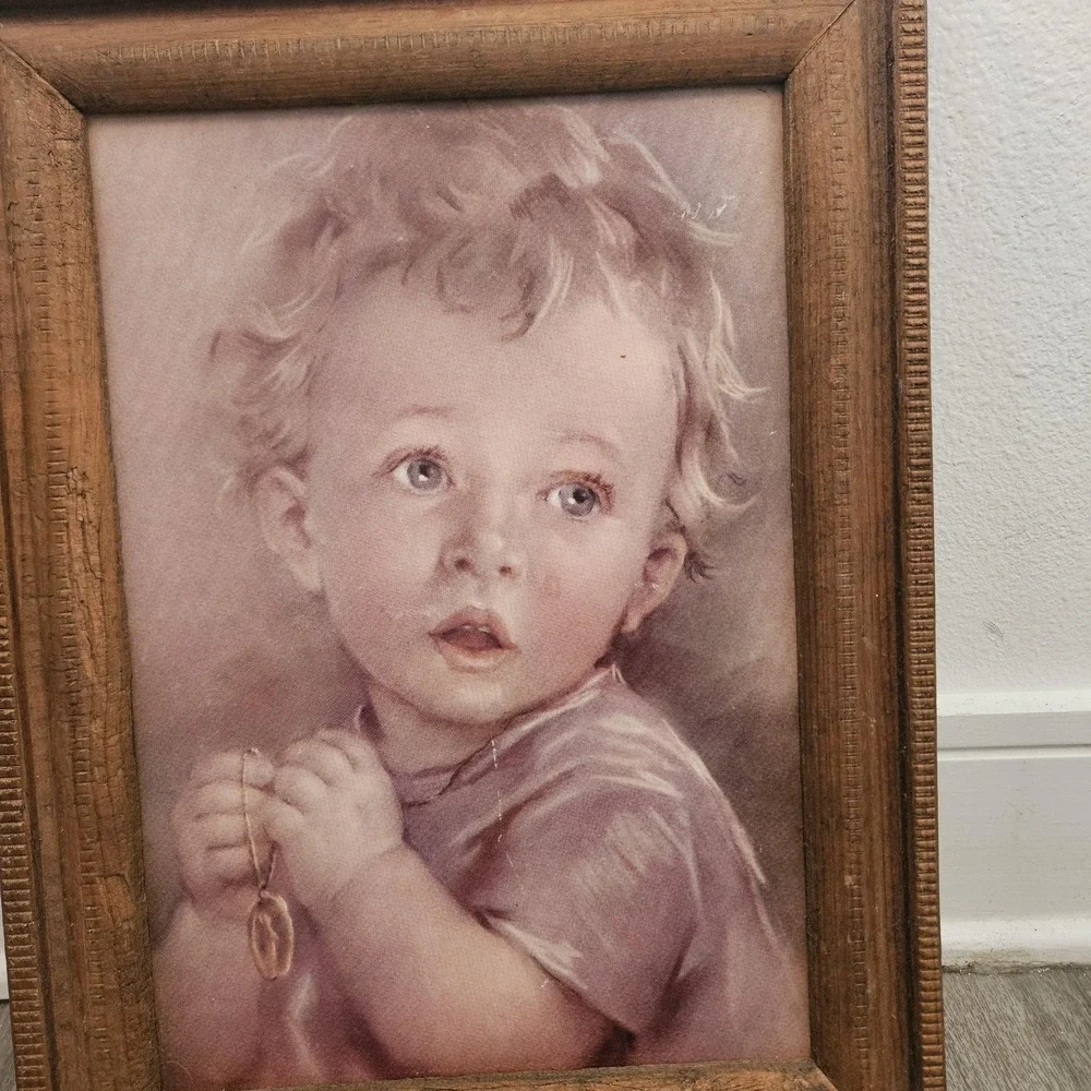 VTG Catholic framed print child praying‎ wooden board 19x14 Wood Picture Frame