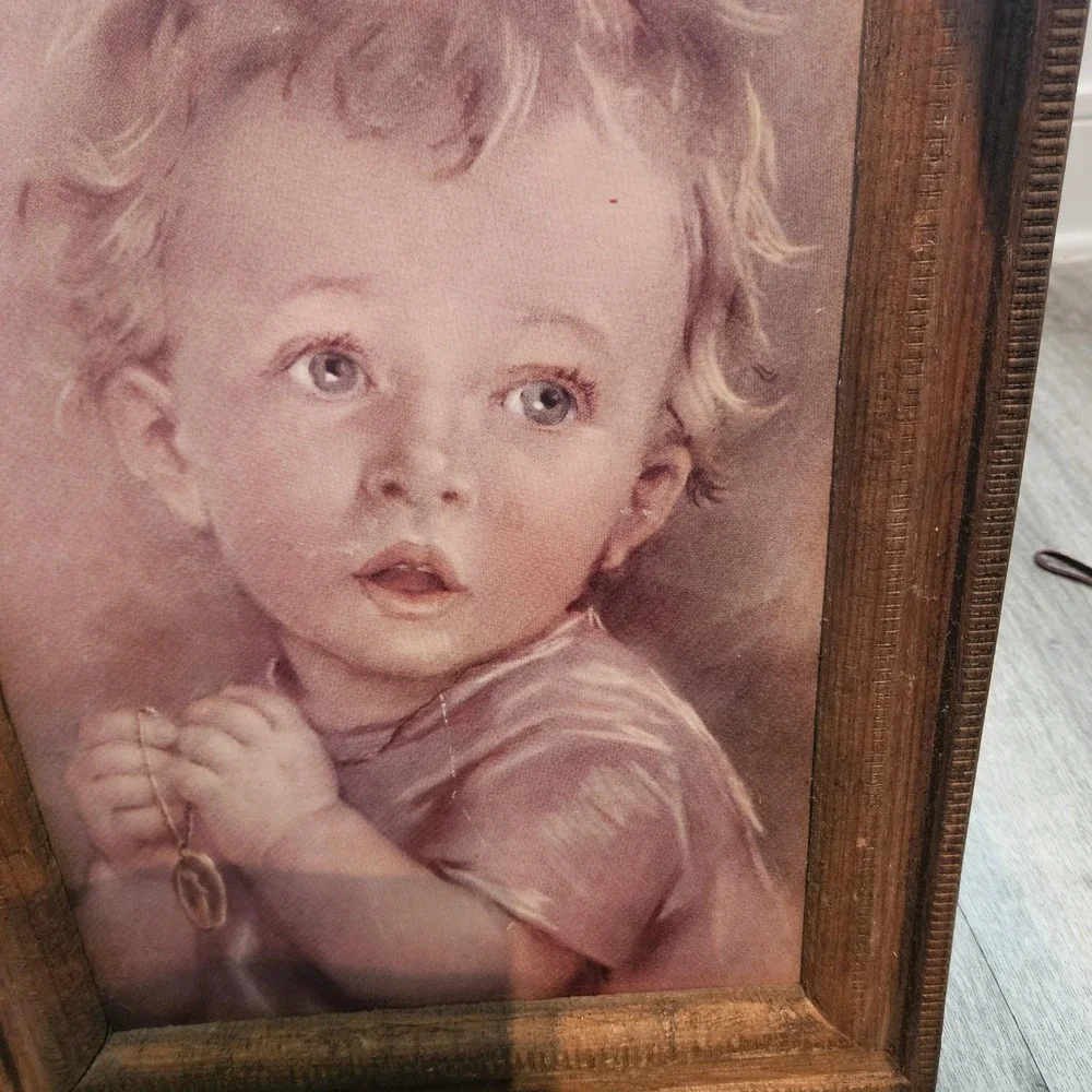 VTG Catholic framed print child praying‎ wooden board 19x14 Wood Picture Frame