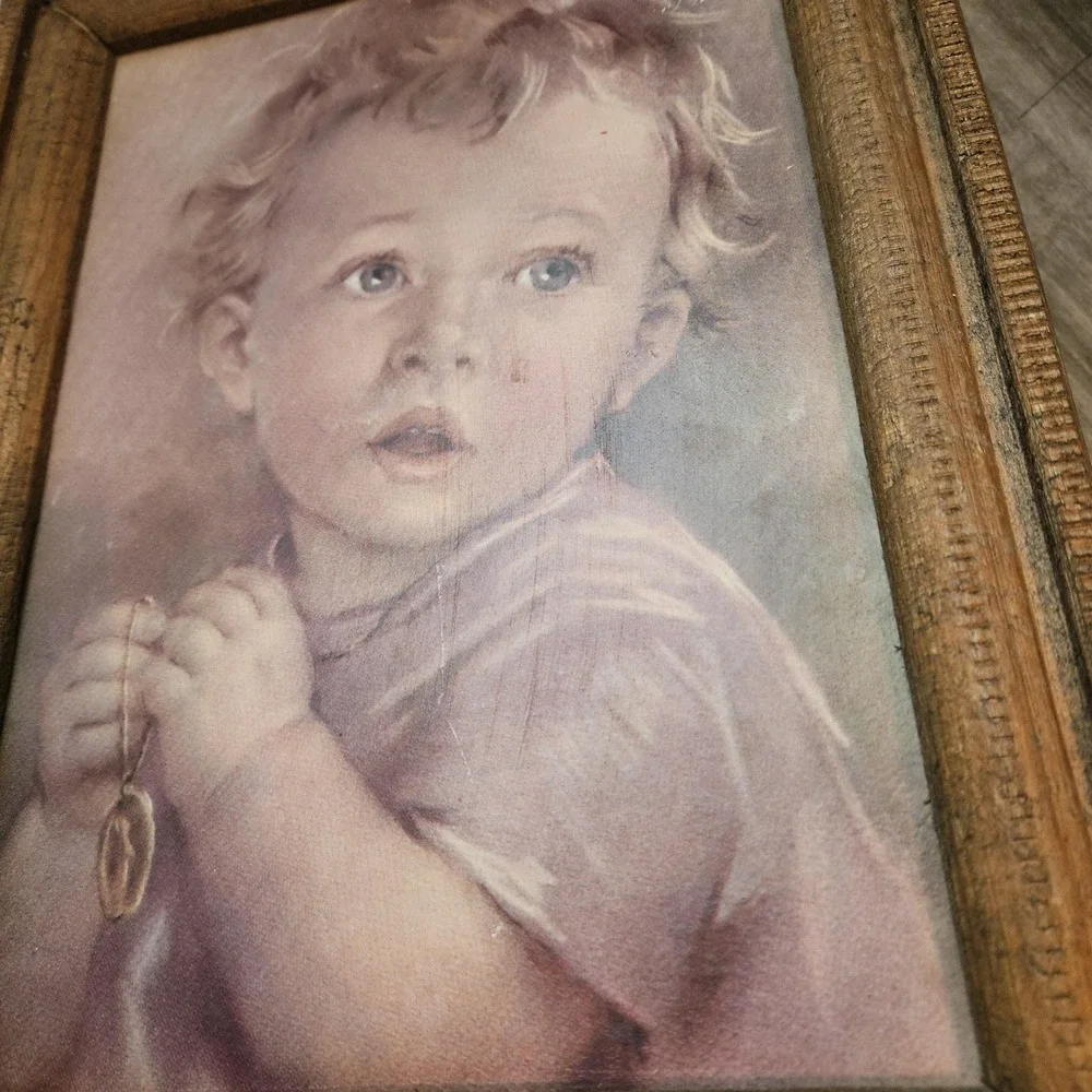 VTG Catholic framed print child praying‎ wooden board 19x14 Wood Picture Frame