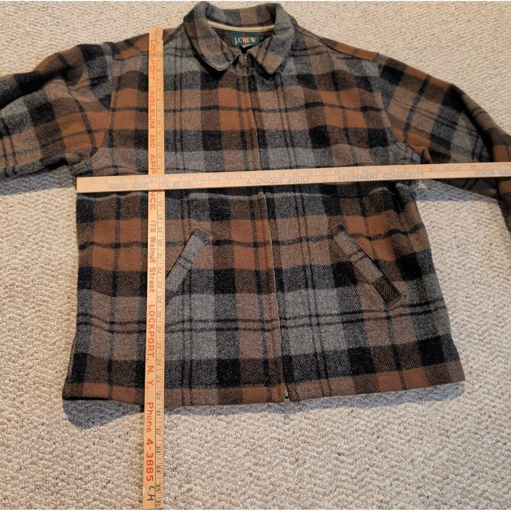 Vintage J Crew Wool Blend Plaid Jacket Mens L Brown Gray Full Zip Outdoor