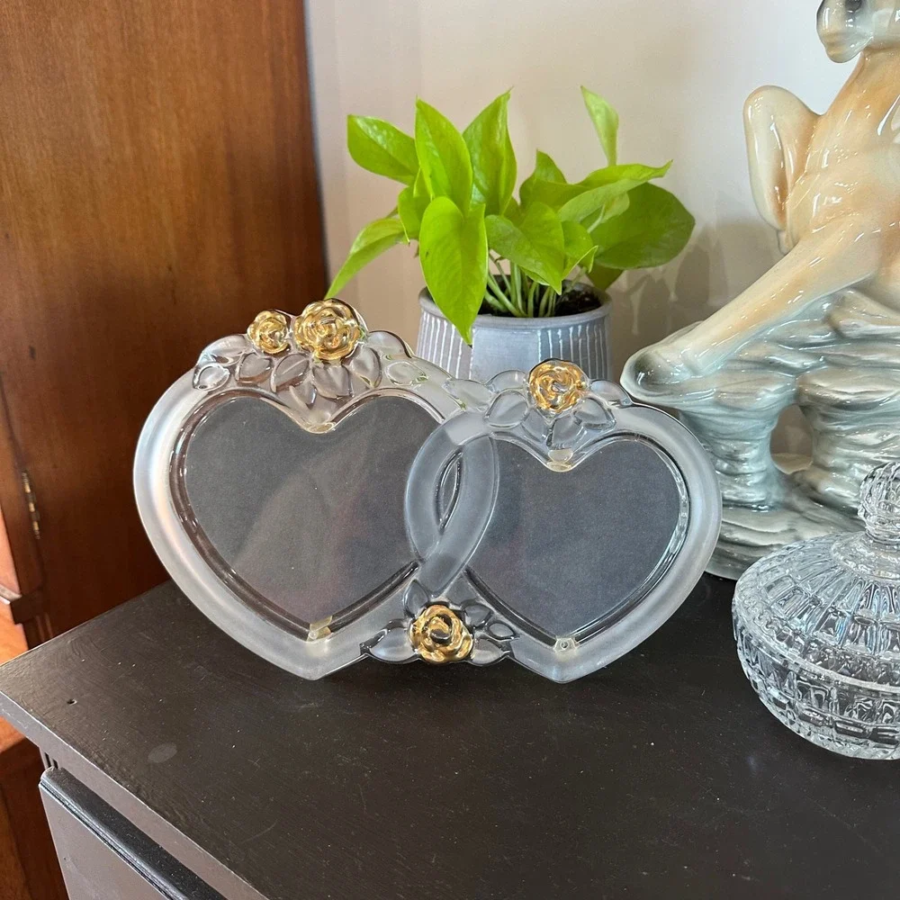 VTG Mikasa Crystal Double Heart Picture Frame Gold Roses Frosted Cottage Wedding