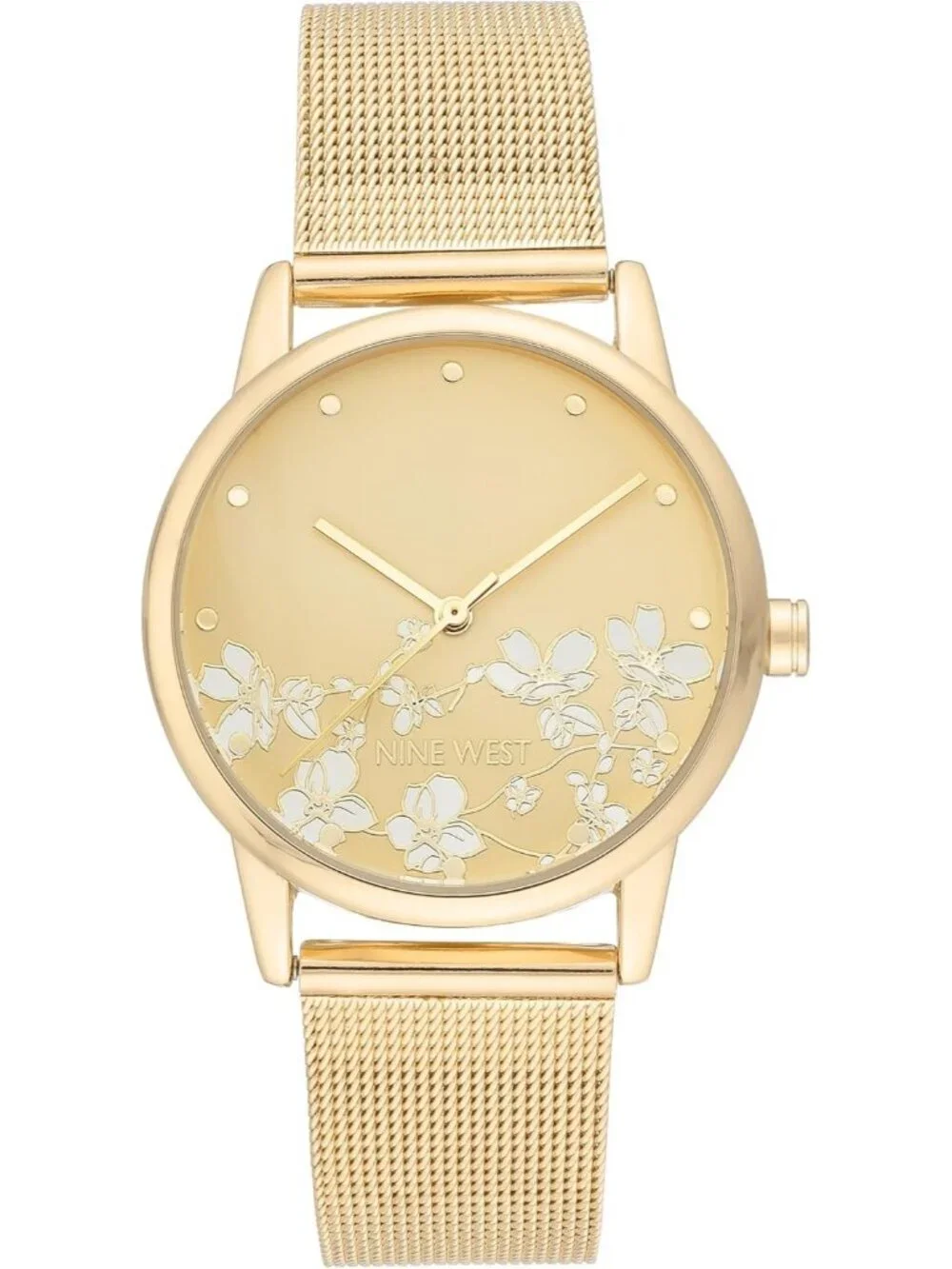 Nine West Women's All Gold Analog Quartz Floral Dial Mesh Round Bracelet Watch