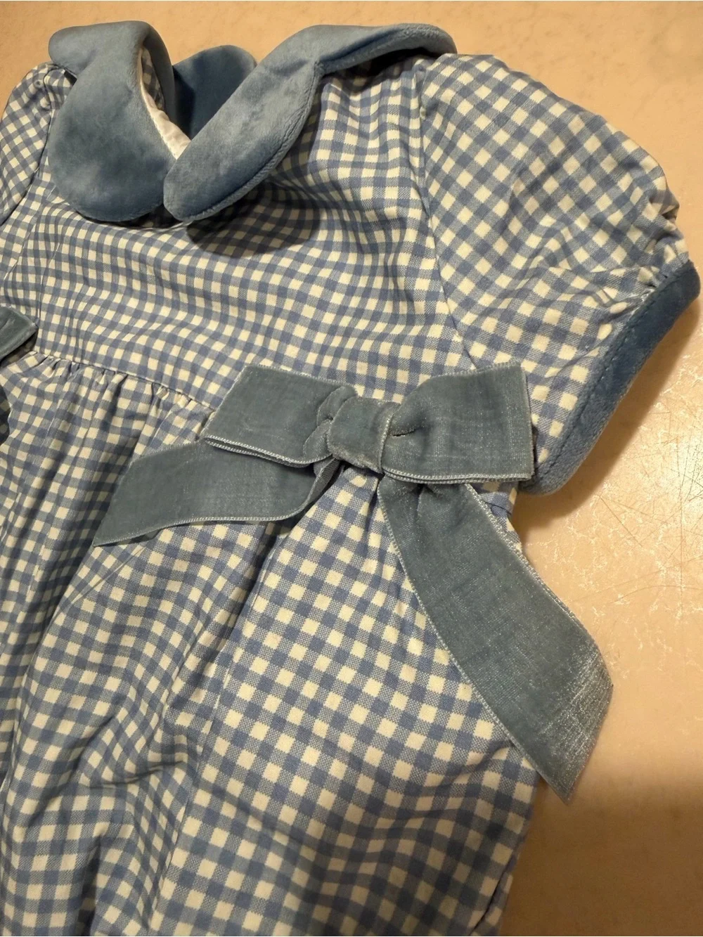 NEW!!  Edgehill Collection Blue and White Gingham Baby Romper with Velvet Collar