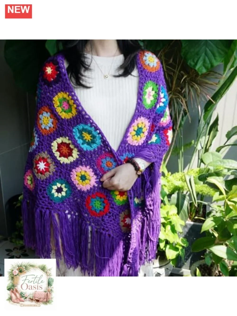 Boho Crochet Shawl Wrap Lightweight Handmade Fringe Pashmina Women