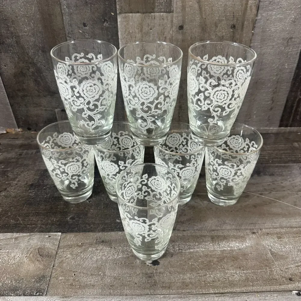 Set of‎ 8 MCM LACE Highball Glasses White Stenciled Floral Lace Gold Trim