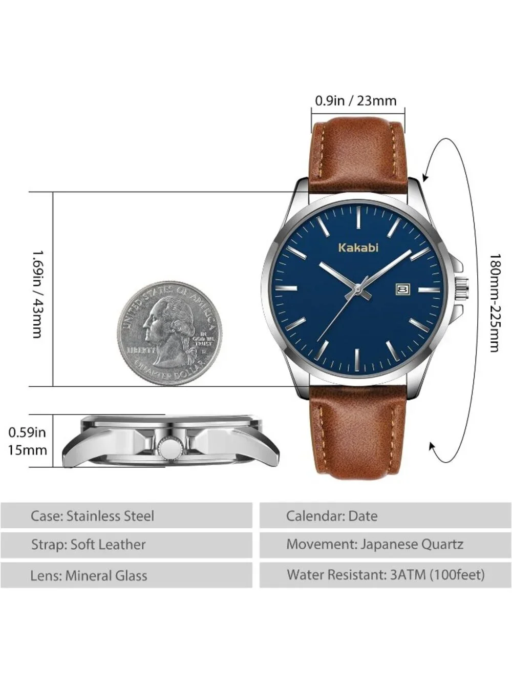 Men's Blue Brown Analog Quartz Minimalist Leather Strap Classic Waterproof Watch