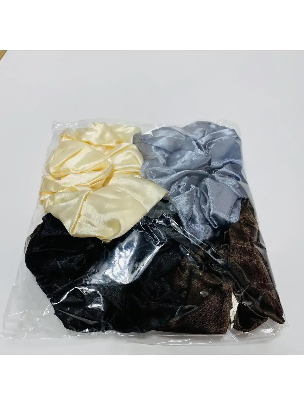 Hair Scrunchies Set of 4 Cream Brown Grey Black Soft Elastic Brand New