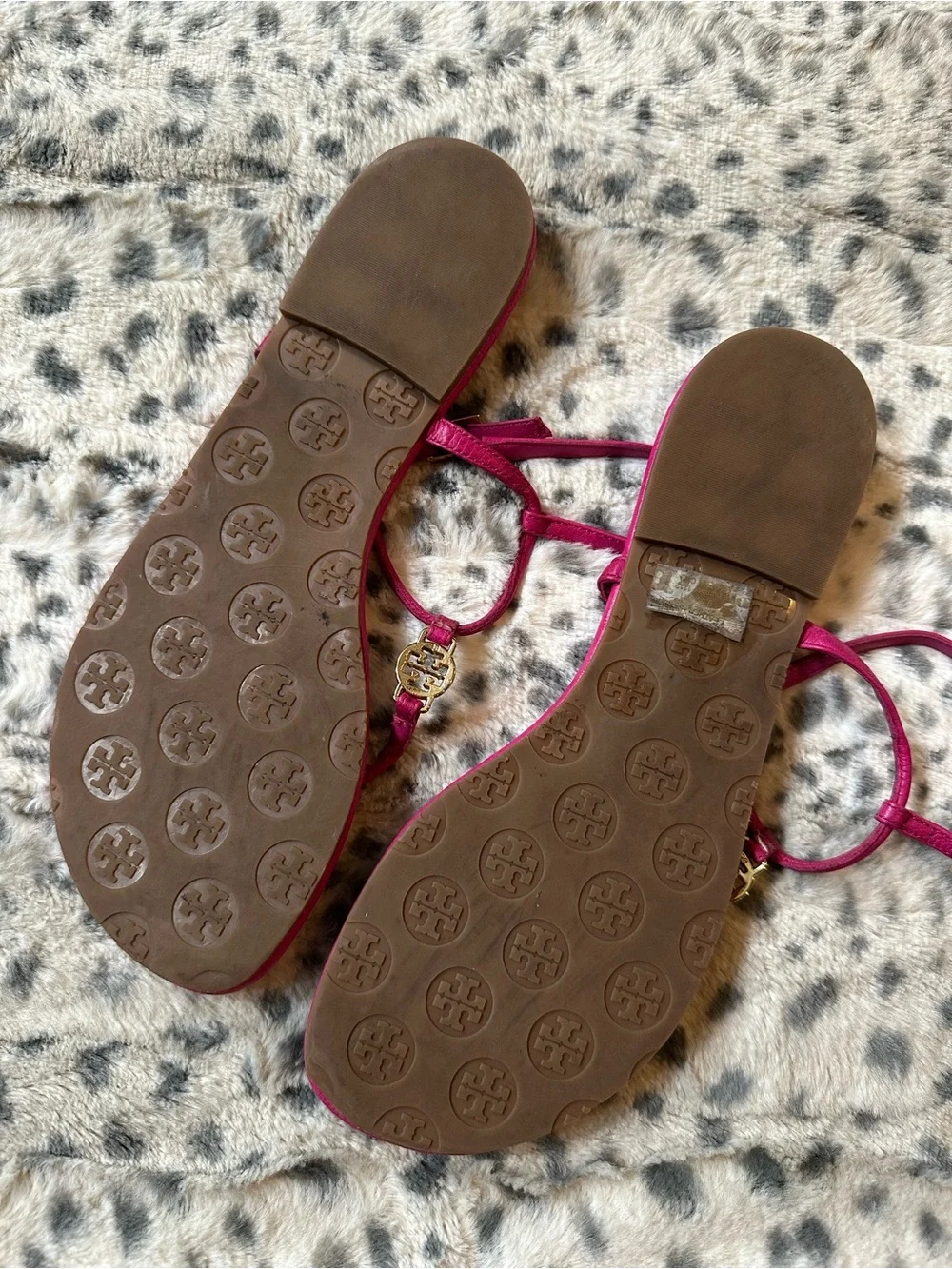 Tory Burch Fuchsia Hot Pink Leather T-Strap Mini Sandals with Gold Logo