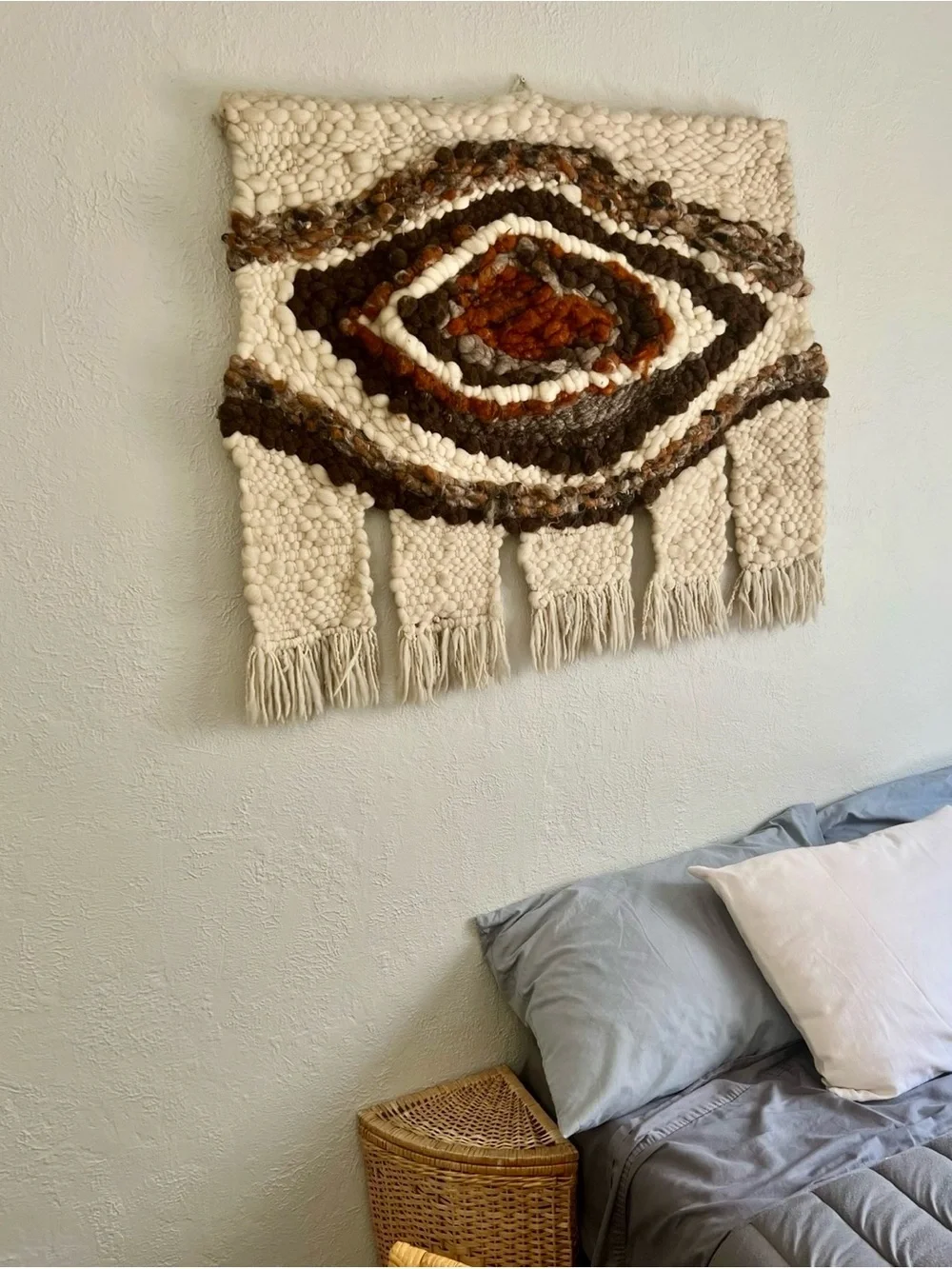 Vintage 70’s MCM Handwoven Wool Cream and Brown Boho Wall Hanging Anthropologie