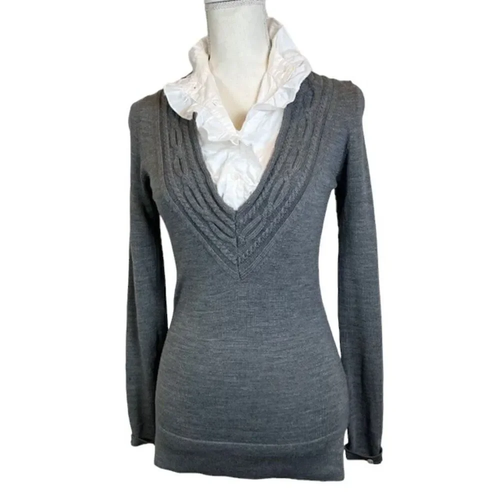 Tory Burch Wool V-Neck Charcoal Sweater With Removable White Ruffle Dickey Small