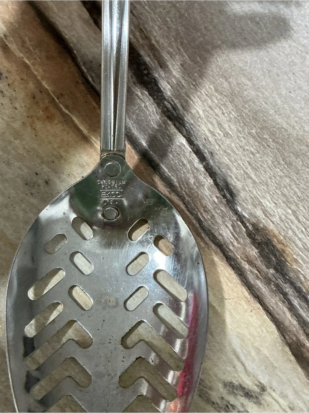 Vintage Ekco Slotted Serving Spoon Black Handle Chromium Plated Kitchen Utensil