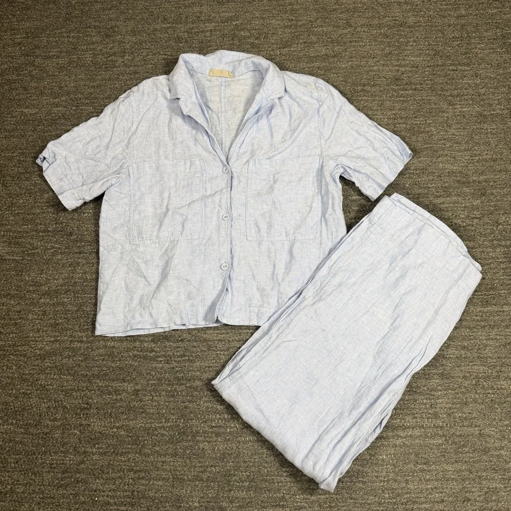 Everlane Linen Set Women 6 Light Blue Wide Leg Pants Beach Resort Nautical Coast