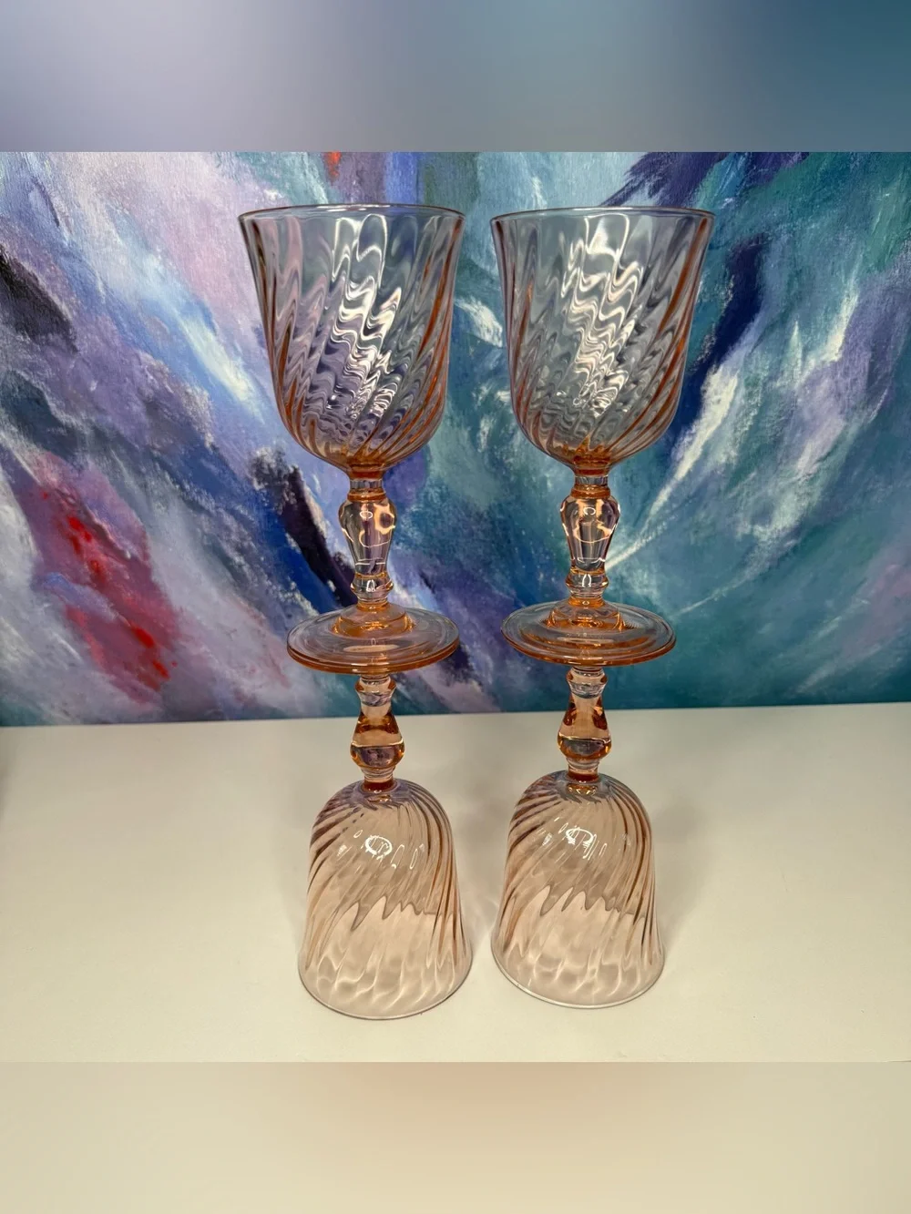 Set of 4 Arcoroc France Rosaline Pink Swirl Wine Water Goblets Stemmed Luminarc