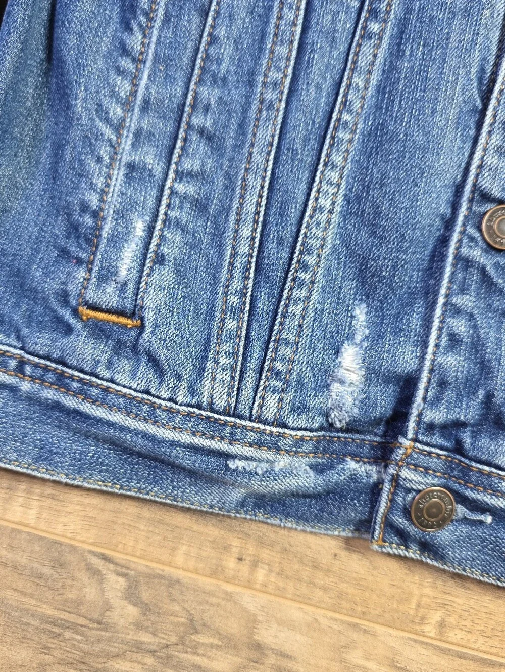 Abercrombie Kids Distressed Denim Trucker Jacket USA Flag Blue 13/14