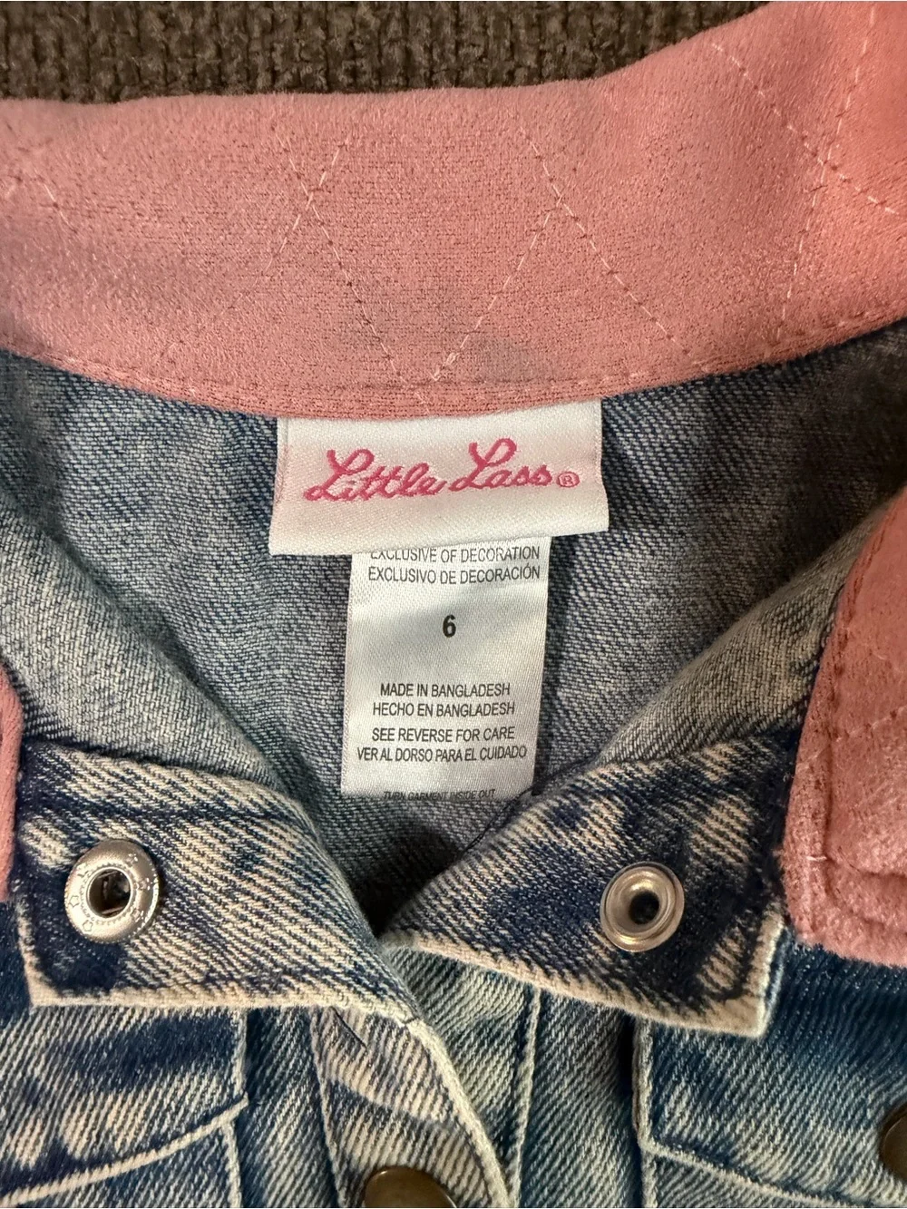 Little Lass Girls Embroidered Denim Jacket | Pink Collar | Size 6
