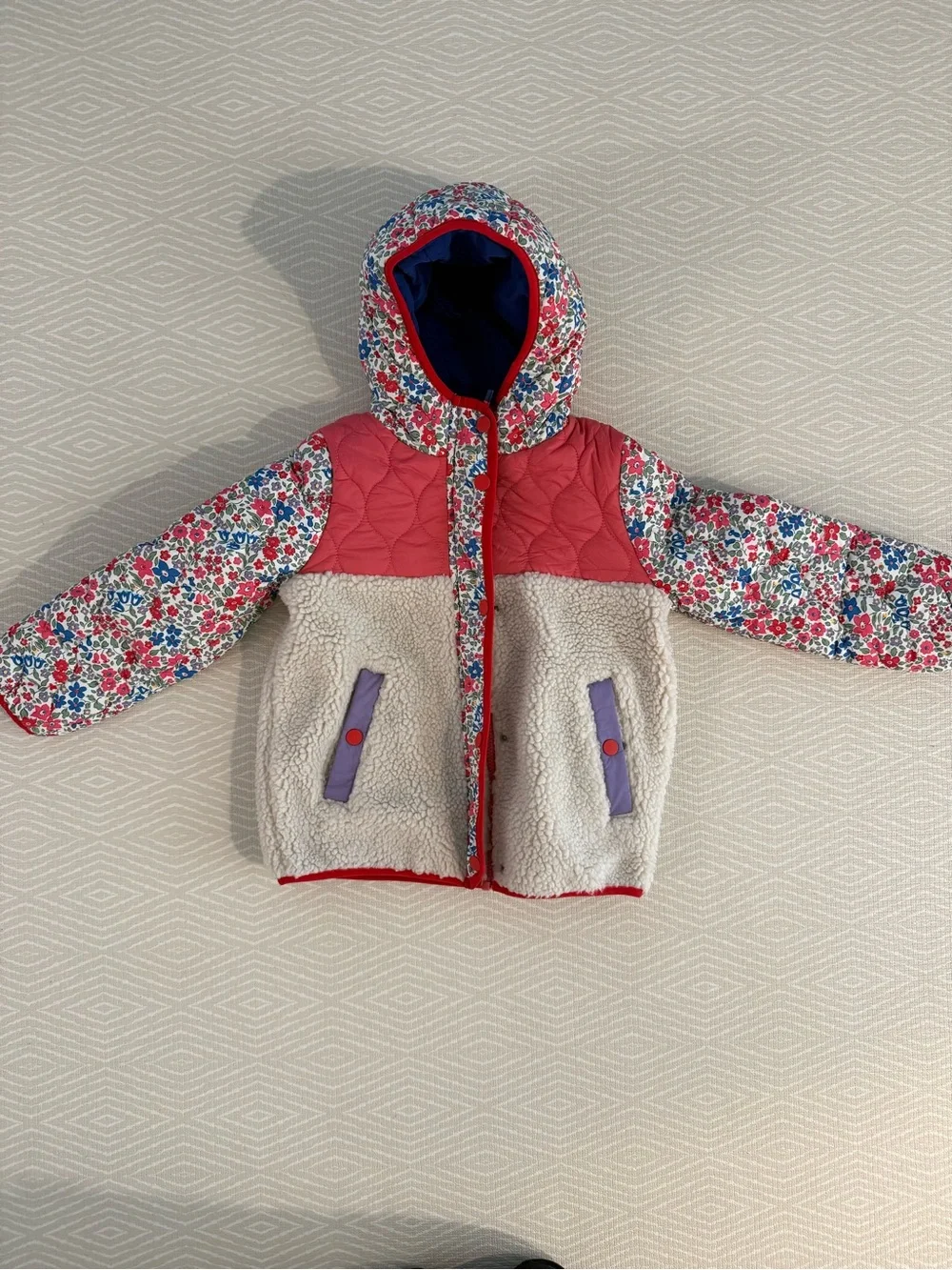 Mini Boden Girls Floral Patchwork Hooded Sherpa Jacket - Pink, Cream, Purple
